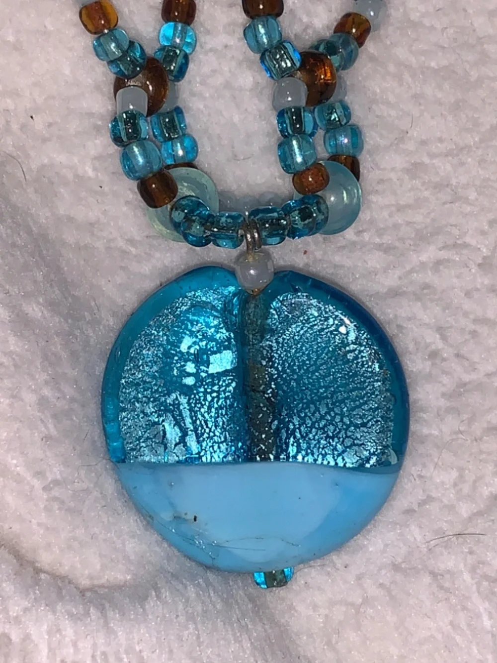 Turquoise & Amber Beaded Necklace with Blue Pendant